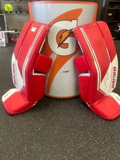 Used Bauer M5 PRO Goalie Leg Pads Inter White And Red 31"