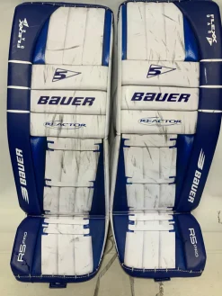 Used Bauer REACTOR R5 PRO 32+1 Goalie Leg Pads Senior White And Royal Blue 32"