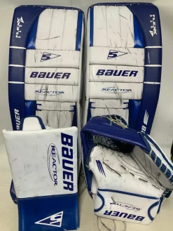 Used Bauer REACTOR R5 PRO 32+1 Goalie Leg Pads Senior White And Royal Blue 32