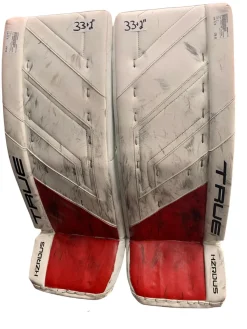 Used True HZRDUS 9X4 Goalie Leg Pads Senior White 33+2”