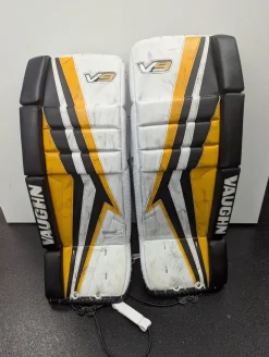 Used Vaughn V9 +2 JUNIOR LEG PADS Goalie Leg Pads Junior White/Black/Yellow 24